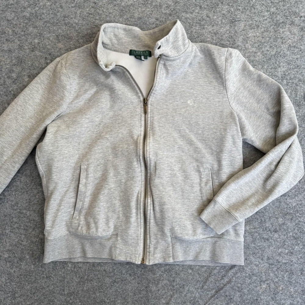 Lauren Ralph Lauren Fleece Jacket Womens Large Gray Full Zip Collar Made USA